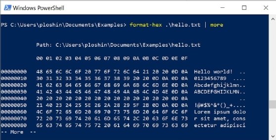 A screen capture showing how to view ASCII encoding for a longer file using the 'Format-Hex' command with the more command.