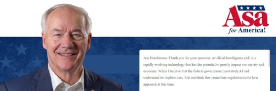 GOP presidential candidate Asa Hutchinson's AI chatbot answers policy questions about his stance on AI regulation, climate, China and other topics. 