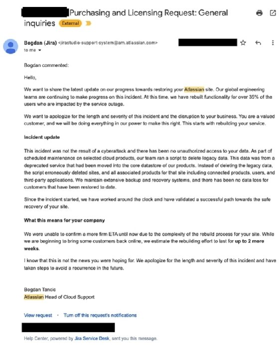 Atlassian cloud outage communication