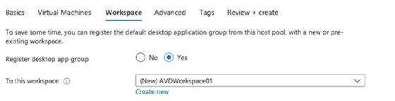 The workspace designation section of the AVD host pool setup process