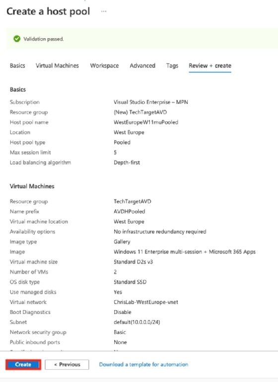 A rubric with all of the configured settings of the AVD host pool