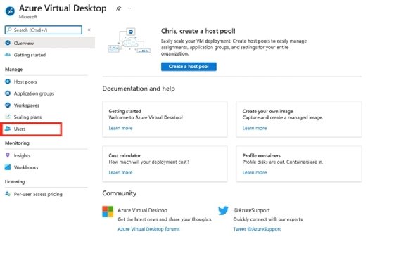 The users tab, which allows the assignment of users to a host pool within the AVD portal