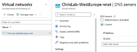 The Azure virtual networks tab showing the custom DNS server