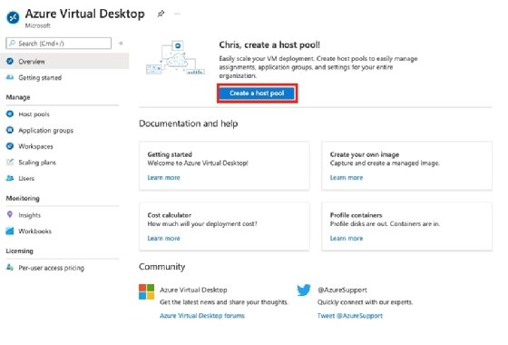 The option to create a host pool in Azure