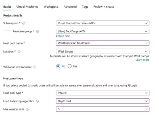 The Basics tab for creating a host pool in AVD