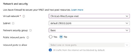 The network and security options for creating a new host pool in AVD