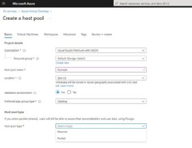 Screenshot of the basics settings for Azure Virtual Desktop hosting.