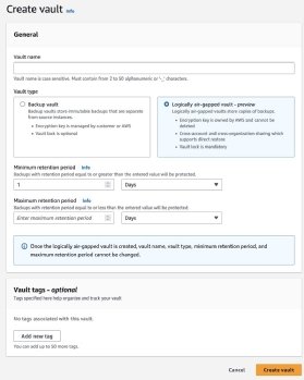 The AWS console for creating managed vault services.