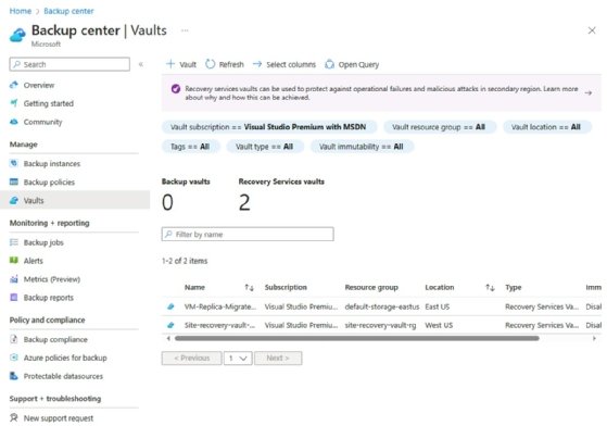 Screenshot of the Vaults screen of the Backup Center in Window in Azure.