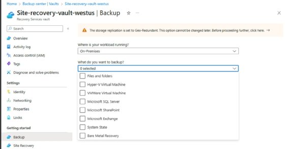 Screenshot of user selecting items to back up in the site recovery vault.