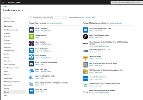 Screenshot of the beginning of the process to create an Azure Blob Storage account