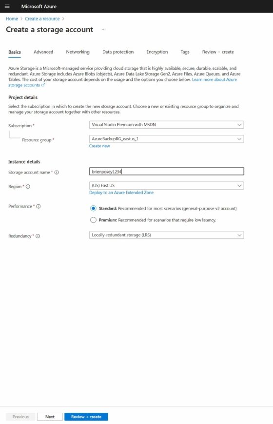 Screenshot of Create a Storage Account