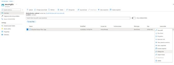 Screenshot of how to change Azure Blob Storage tiers