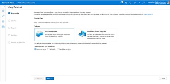 Select create a built-in copy task using the copy data tool from the options