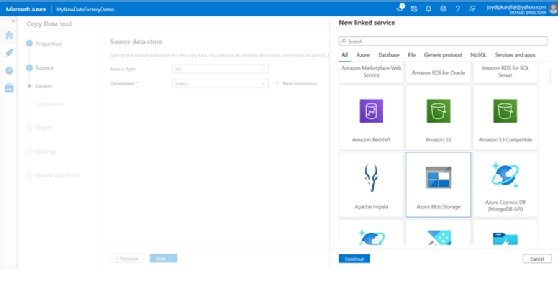 From the linked service options, select an Azure Blob Storage