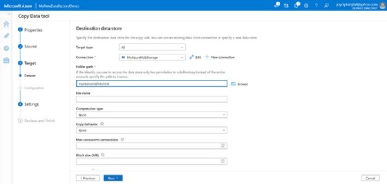 Enter details in the Specify the Destination data store screen