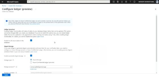 Screenshot of distributed ledger of Microsoft's Azure SQL database