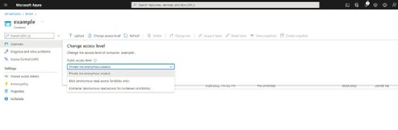 Screenshot of the access level process in Azure storage