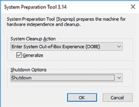 A screenshot of the sysprep tool set to prepare the new VM.