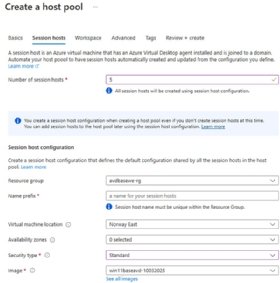 The golden image creating a host pool with five instances of the VM.