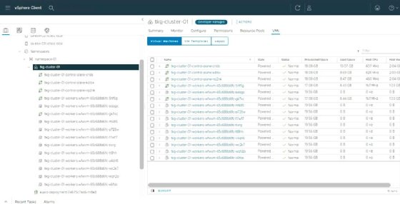 The screenshot displays a vSphere Client page of a Kubernetes deployment with three master nodes and 12 worker nodes.