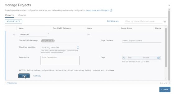 Screenshot of VMware NSX page for a specific project showing tenant name, description, tags, gateways, edges and short log identifier.