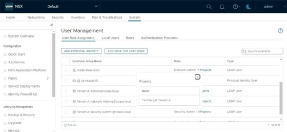 Screenshot of VMware NSX user management page showing user role assignments.
