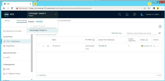Screenshot of VMware NSX from the perspective of a tenant admin, who cannot see projects associated with the provider or other tenants.