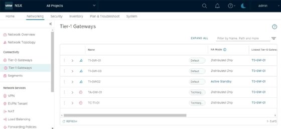 Screenshot of VMware NSX from the perspective of an enterprise provider admin, who can see all objects associated with all projects.