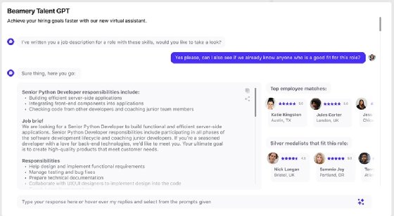 Generative AI job description via Beamery's TalentGPT tool.
