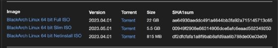 Screenshot of BlackArch ISO versions