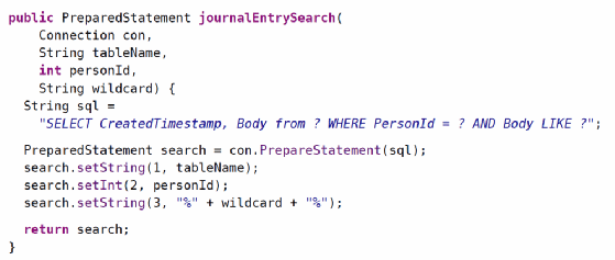 Example of why a prepared statement cannot be written for a nonparameterizable section of a SQL statement