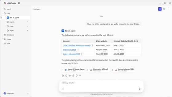 Screenshot of Box AI Agent for Microsoft 365 Copilot.