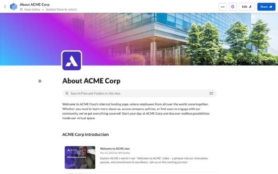 Screenshot of a corporate landing page in Box Hubs.