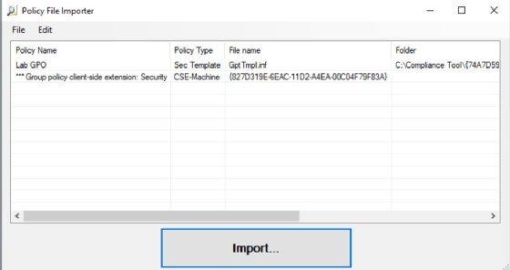 Screenshot of the Policy File Importer window.