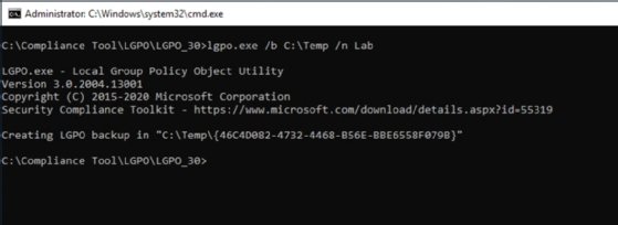 Screenshot of LGPO backup creation in the Windows command prompt.