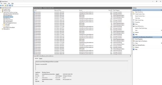 An image showing Directory Service events recorded the Event Viewer in Windows.