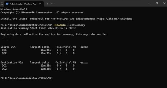 Screenshot of Windows PowerShell displaying information generated by the RepAdmin tool.