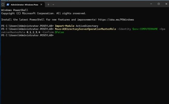 Screenshot of Windows PowerShell displaying a command that transfers FSMO roles to the local system.