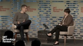 Brian O'Kelley (left) sits with Rachel Courtland (right) on stage at EmTech MIT 2025.