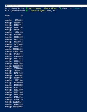 The working set memory usage of Microsoft Edge browser processes displayed in PowerShell.