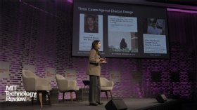 Camille Carlton stands on stage at EmTech MIT 2025 to give a PowerPoint presentation on the harm of AI companions.