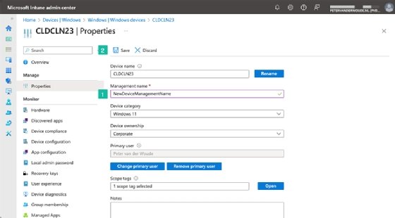 The Microsoft Intune admin center showing an admin managing the properties of a Windows 11 device.