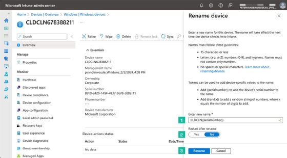 The Microsoft Intune admin center with the option to change the name of the device itself and trigger a restart.