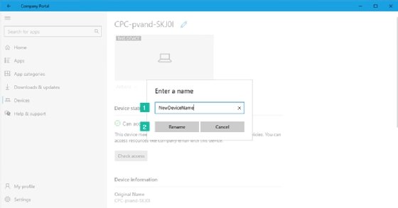 The device name change function within the Company Portal app.