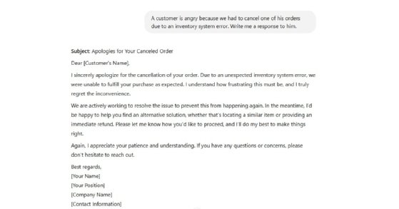 A screenshot from ChatGPT that shows how the tool can generate detailed responses to customer complaints.