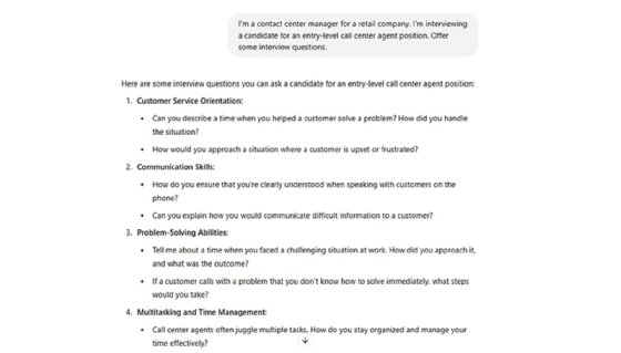 A screenshot of ChatGPT after it generated interview questions.