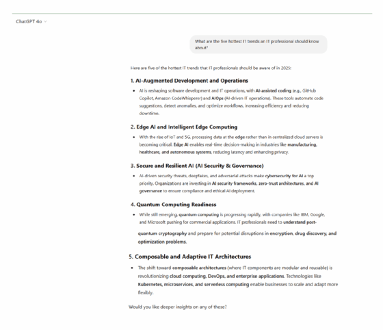 Screenshot of ChatGPT's idea generation response to the five hottest IT trends.