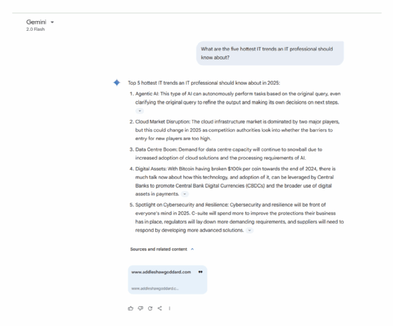 Screenshot of Gemini's idea generation response to the five hottest IT trends.