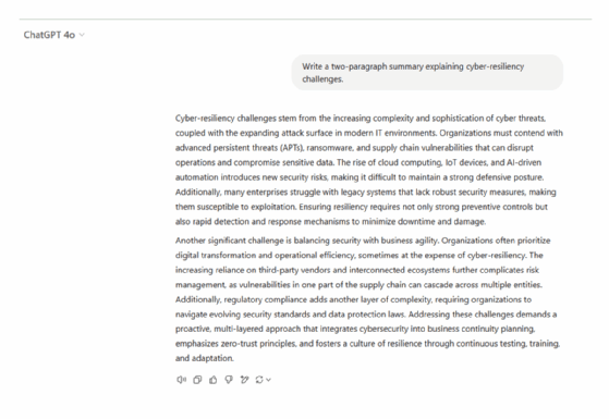 Screenshot of ChatGPT's content generation response to explain cyber-resiliency challenges.